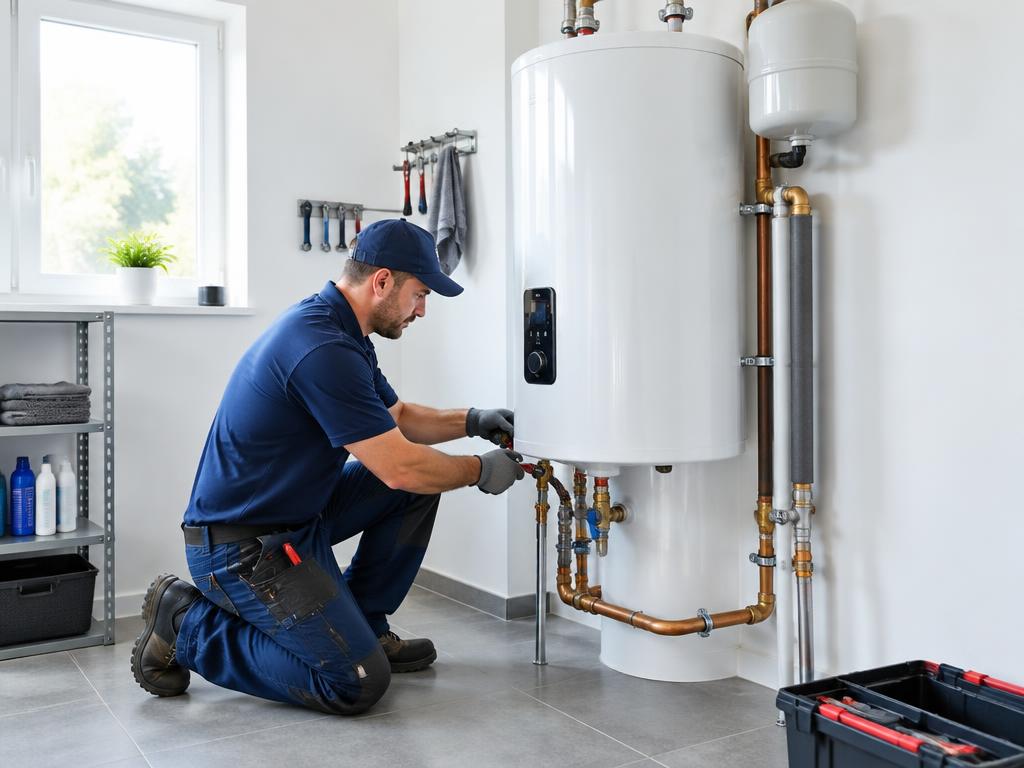 Plumber installing a modern water heater