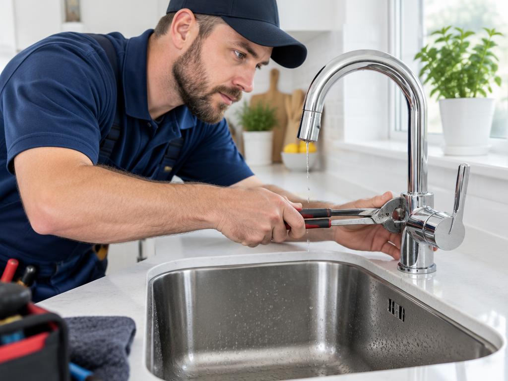 Plumber repairing a leaking kitchen faucet