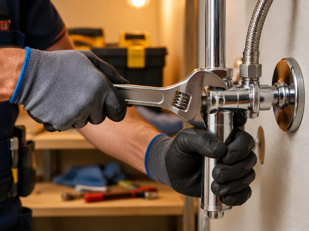Plumber repairing a pipe valve with a wrench